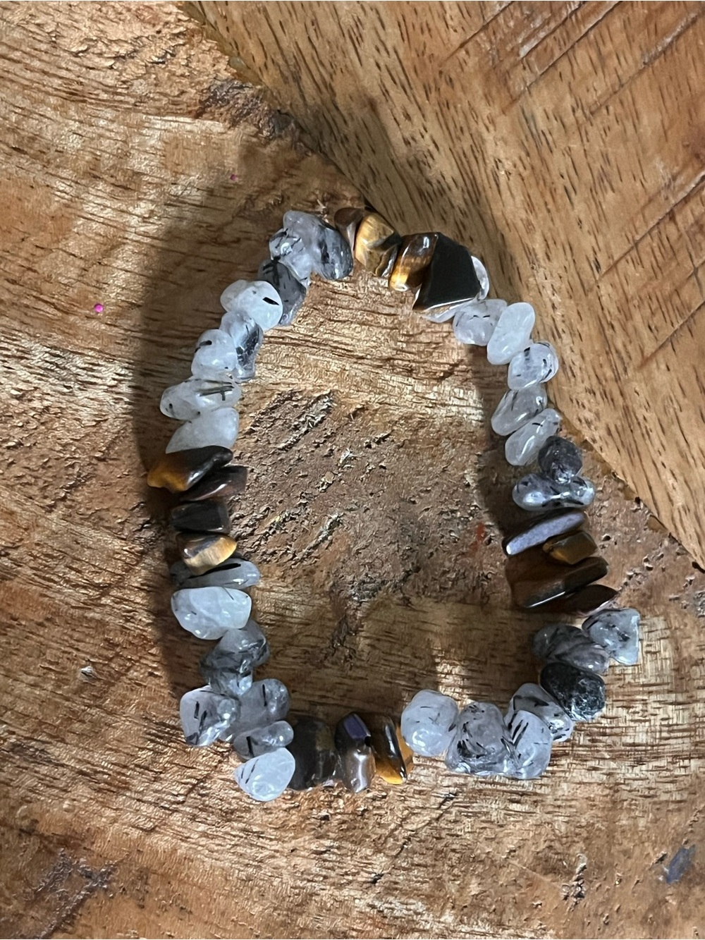 Natural Rutilated Quartz & Tiger's Eye Crystal Chip Stretch Bracelet